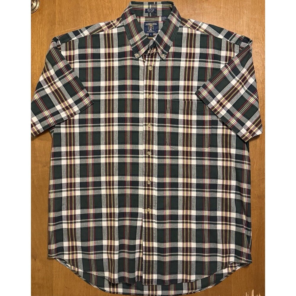 Salmon River Traders 100% Cotton Green Plaid Button Up Short Sleeve Shirt Size L